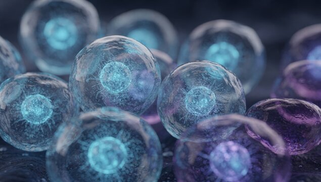 A microscopic view of glowing blue and purple cells, showcasing their intricate structures and details, in a medical research setting, highlighting advancements in biotechnology and cellular biology.