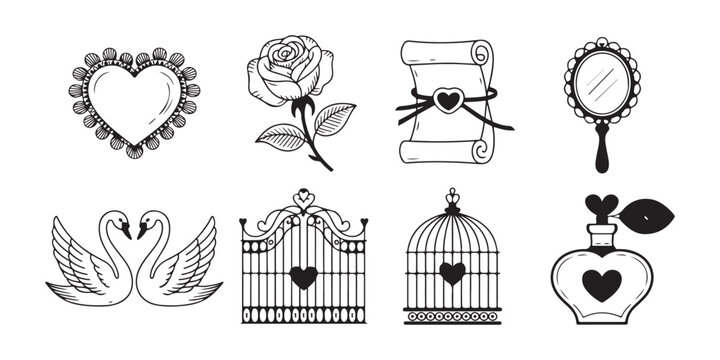 Elegant romantic wedding icons set featuring lace heart blooming rose scrolls and decorative wrought iron gate.