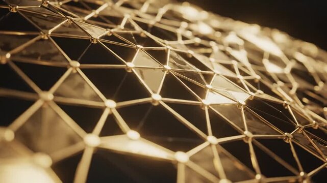 An abstract golden structure with interconnected triangular shapes is illuminated against a dark background, creating a visually appealing and intricate design with a sense of depth and complexity