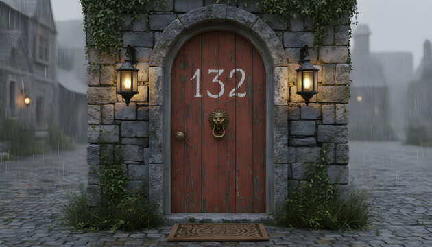 Old weathered red wooden door with number 132 and lion knocker in a stone archway on a rainy cobblestone street illuminated by glowing lanterns at dus