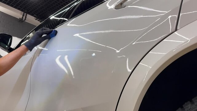 The process of applying a nano-ceramic coating for hydrophobic effect on the white car's door by a male worker with a sponge and bottle of chemical composition. Auto service industry. Nano ceramic.