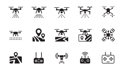 Drone and map icon set, such as agricultural drones, mapping, monitoring, and remote control. © Abu