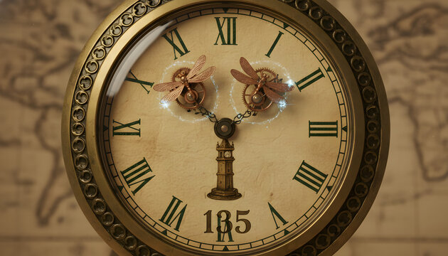 Intricate steampunk clock face with decorative dragonflies made of gears glowing faintly against a vintage map background evoking a sense of time and 