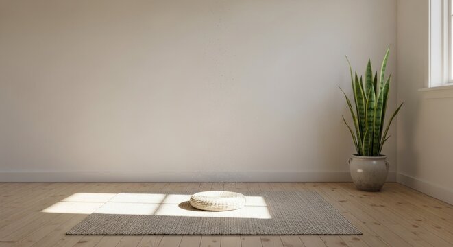 Minimalist interior with yoga mat meditation cushion and plant sunlight