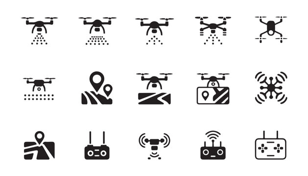 Drone and map icon set, such as agricultural drones, mapping, monitoring, and remote control.