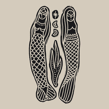 Linocut style illustration minimalist mermaid goddess, traditional folk art aesthetics, modern line work linocut engraving vector clipart. Perfect for mystical decor, nautical folklore books and more