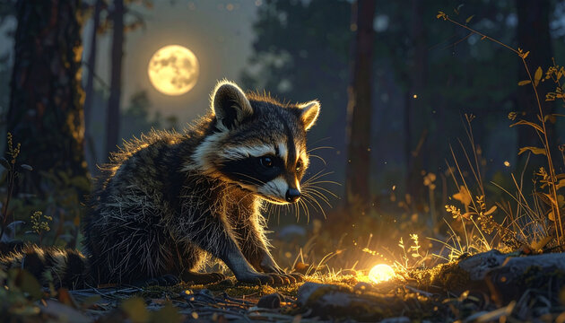 Raccoon in moonlight forest scene