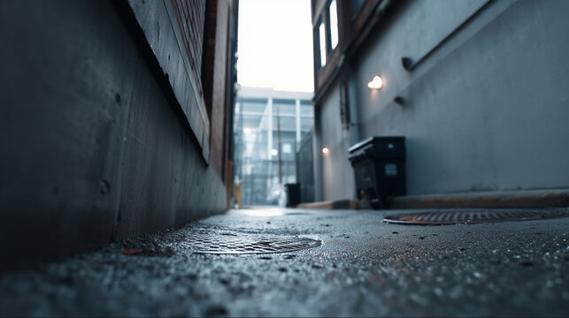 strict top-down camera view of a narrow urban alley between buildings, camera slowly moving forward along the alley, gritty asphalt ground with detailed texture, several metal manh