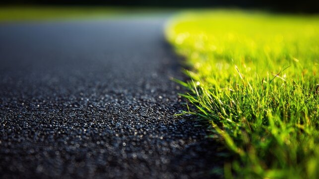Close-up of asphalt road edge next to vibrant green grass.
