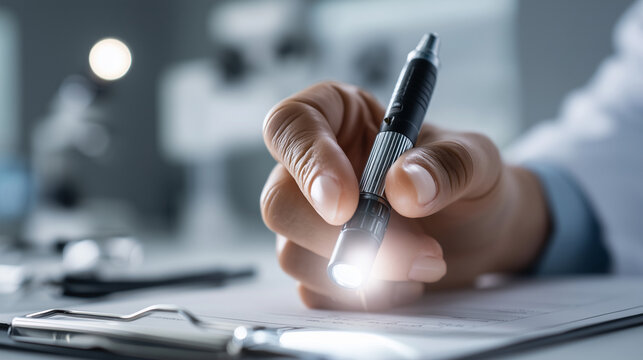 Close-up of a hand holding a penlight shining into a direction suggesting an eye examination, the penlight's bright beam creating a focused spot, a gloved hand steadying the examin