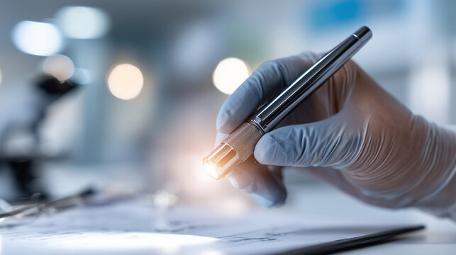 Close-up of a hand holding a penlight shining into a direction suggesting an eye examination, the penlight's bright beam creating a focused spot, a gloved hand steadying the examin