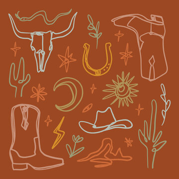 Groovy one line western logo set, minimalist desert symbols in elegant boho style, terracotta and monochrome cattle skull, horseshoe, snake, cactus and canyon linear vector illustrations clipart