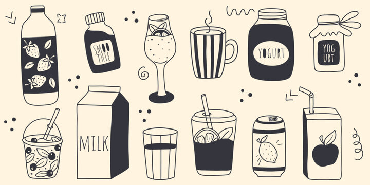 Drinks set - juice, milk, smoothies, cocktails, drinking yogurt and tea, doodle style. Hand drawn jars, bottles, cups and glasses. Vector elements