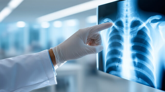 Close-up of a hand pointing at an x-ray image on a wall-mounted lightbox at a clinic, the hand showing a latex glove finger tracing a bone structure, the x-ray showing a chest radi