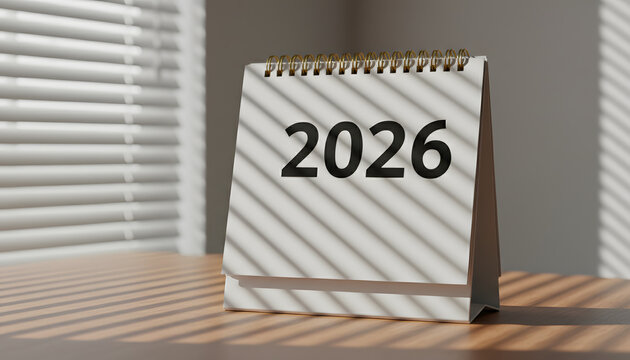 A clean white desk calendar displays the year 2026 on a bright wooden table with strong striped shadows from window blinds creating an organized and c