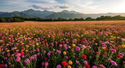 Obraz premium Wide panorama of a vibrant wildflower meadow under a golden sunset sky with blue mountains in the background