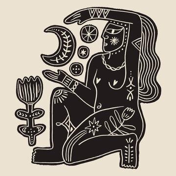 Celestial moon goddess in a yoga meditation pose. Monochrome ornamental design featuring ethnic patterns, sacred geometry, and boho aesthetic. Perfect for spiritual branding, wellness logos, yoga