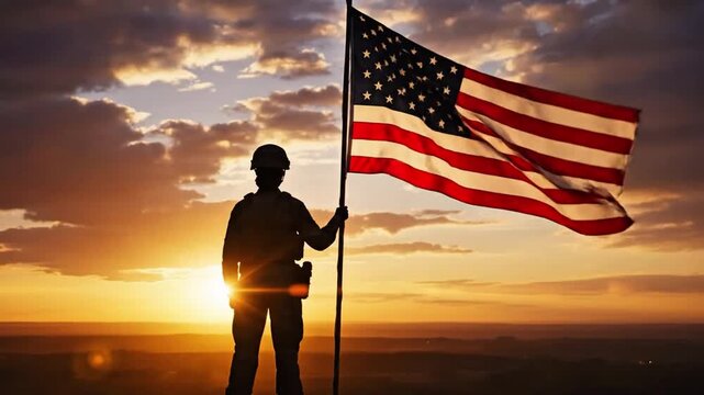 A silhouette of a devoted soldier, holding a national flag high against a vibrant sunset sky, embodying patriotism, sacrifice, and enduring freedom