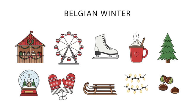 Belgian Winter Icons Collection Festive Holiday Season Elements.