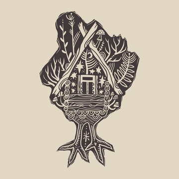 Baba Yaga's Hut on Chicken Legs Minimalist Slavic Folklore Linocut Vector Illustration Clipart