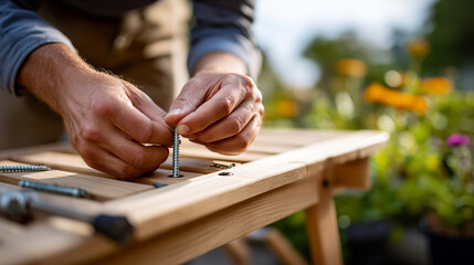 Obraz premium Close-up of hands (faceless) assembling a wooden outdoor chair with a hex key, Summer Home concept, sharp focus on the light oak wood, metallic bolt, and fingertips, soft garden sh