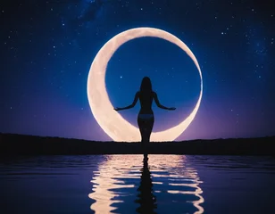 The silhouette of woman is standing in the middle of a large round moon on the starry background. Her feets inside the water, the reflection of moon and woman is inside the water. Ai generated © volhavasilevich