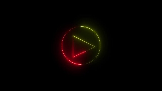 Neon play button icon animation on black background.4k animation video.