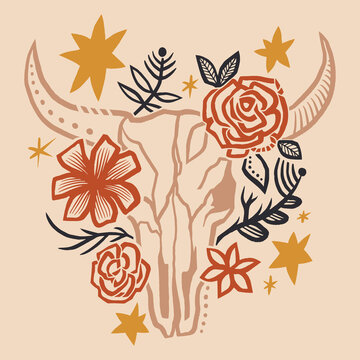 Bohemian western cattle skull graphic with blooming desert plants, feminine desert rose aesthetic, rustic cowgirl branding element in minimalist engraving style, illustration for t-shirt print and