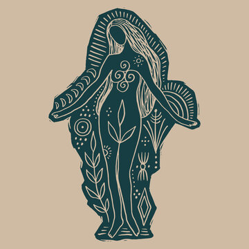 Celestial moon goddess in a yoga meditation pose. Monochrome ornamental design featuring ethnic patterns, sacred geometry, and boho aesthetic. Perfect for spiritual branding, wellness logos, yoga