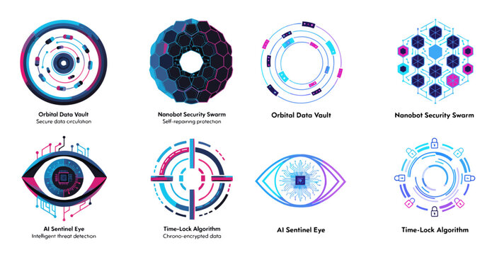 A set of colorful vector graphics illustrating various cybersecurity concepts and algorithms in a modern flat design style