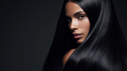 Fototapeta premium beautiful woman with long sleek glossy black hair, luxury hair care beauty campaign portrait, healthy shiny straight dark hair model