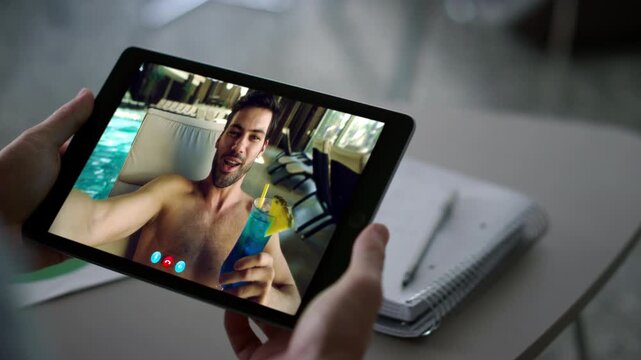 Man hands pad video chat working office workplace closeup. Guy talking friend
