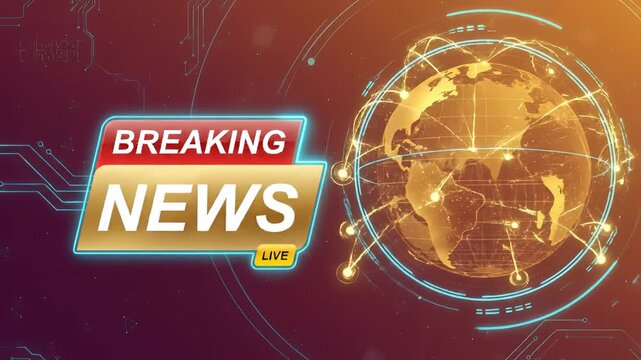 Breaking news live broadcast template gold world globe technology information network global communication update studio interface digital