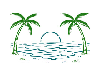 Beach vibes artwork for t shirt. Summer good vibes. Sunset on beach. Palm tree sketch. Paradise tropical design. © panji