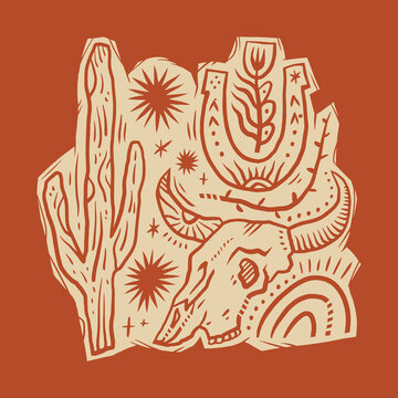 Rustic Desert Bull Skull with Cactus and Horseshoe Western Composition Minimalist Engraving Style for Tattoo or Branding Wild West Clipart