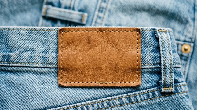 Blank brown leather label on light blue denim jeans with white paper tag, close up mockup for clothing brand identity design 
