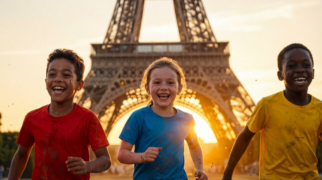 Paris Marathon Texas children kids running Eiffel Tower sunset golden hour joyful celebration for sports magazine cover poster family content