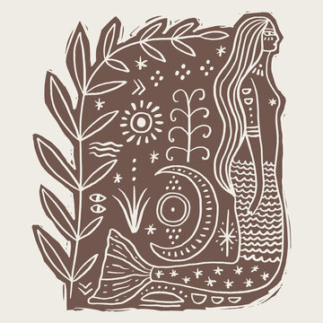Linocut style illustration minimalist mermaid goddess, traditional folk art aesthetics, modern line work linocut engraving vector clipart. Perfect for mystical decor, nautical folklore books and more