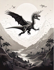 Pixel Art Dinosaur Flying Over Lush Valley Landscape. © jeng