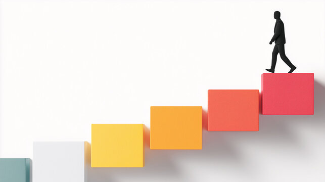business professionals climbing colorful bar chart blocks, career growth and goal progression concept, minimal isometric illustration of success and corporate achievement