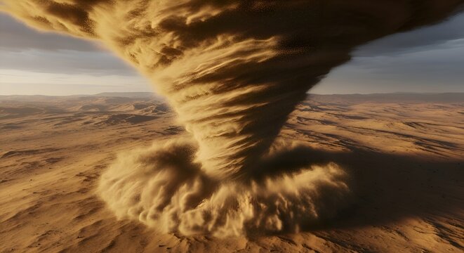 Massive sand tornado swirling in a barren desert landscape under a cloudy sky