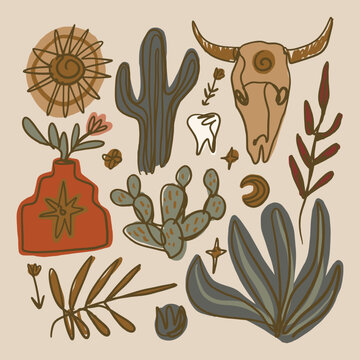 Doodle sketches groovy coloring one line western logo set, minimalist desert symbols in elegant boho style, terracotta and monochrome cattle skull, ceramic vessel, nature canyon linear vector