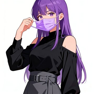 Anime Girl with Purple Hair Wearing Black Top and Mask