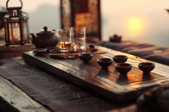 Chinese gongfu tea ceremony table with long wooden cha-pan tray, intimate slow-tasting ritual atmosphere, sunset