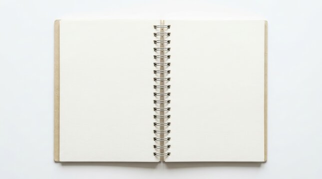 An open blank notebook with clean white pages and a spiral binding, captured from a top-down perspective with soft lighting and a minimalist aesthetic against a plain white background.