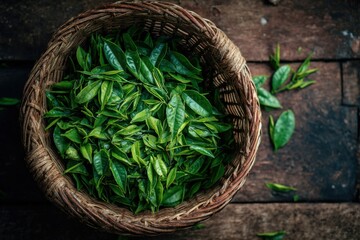 Woven basket filled with fresh picked green tea leaves