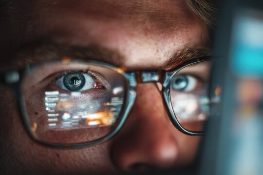 Close-up of eyes looking at a laptop screen reflected in glasses, screen content blurred, focus on concentration and focus 