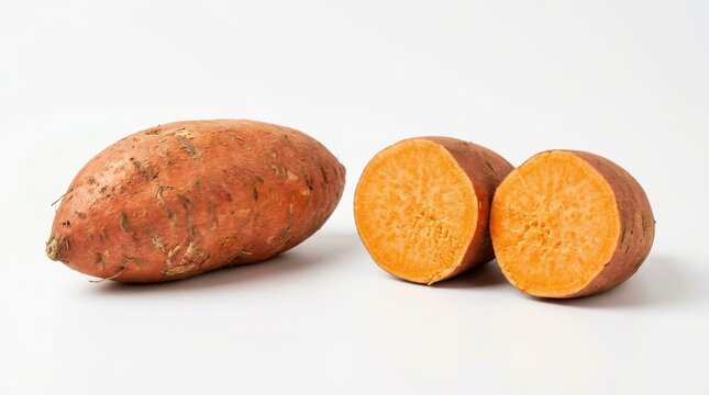 A whole sweet potato and a halved sweet potato are displayed against a clean white background, showcasing their vibrant orange flesh and earthy texture.