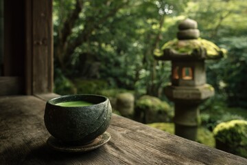 Zen-style outdoor tea break with single matcha bowl on wooden deck overlooking moss garden and stone lantern