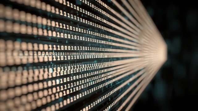 A vibrant digital abstract image showcasing flowing binary data. This design captures the essence of information technology and data processing in striking colors and patterns.